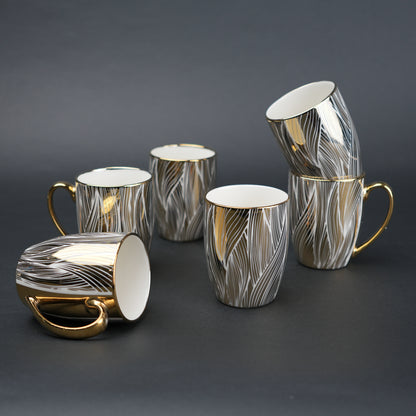 Ceramic mug set of 6 white gold with patterned design and gold handle modern coffee mugs set