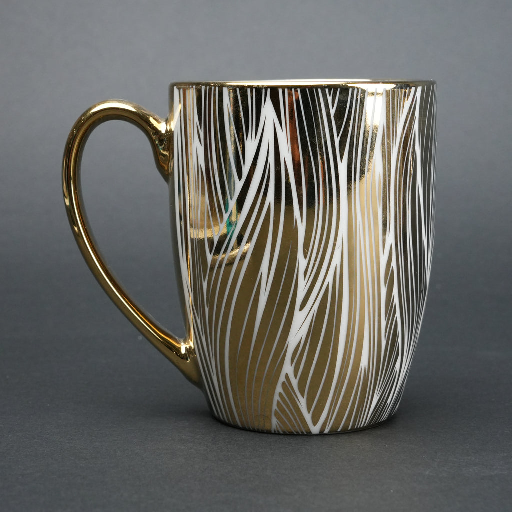 Ceramic mug set of 6 white gold with patterned design and gold handle modern coffee mugs set