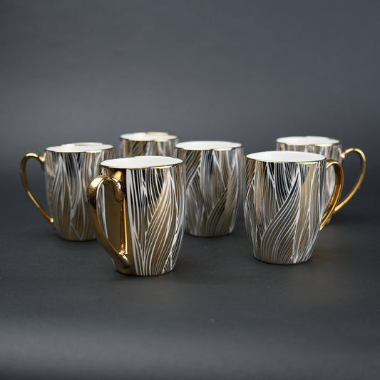 Ceramic mug set of 6 white gold with patterned design and gold handle modern coffee mugs set