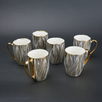 Ceramic mug set of 6 white gold with patterned design and gold handle modern coffee mugs set