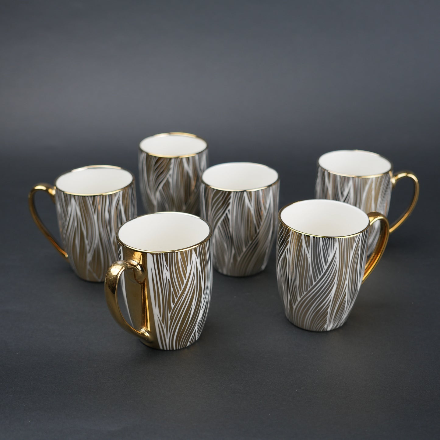 Ceramic mug set of 6 white gold with patterned design and gold handle modern coffee mugs set