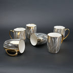 Ceramic mug set of 6 white gold with patterned design and gold handle modern coffee mugs set