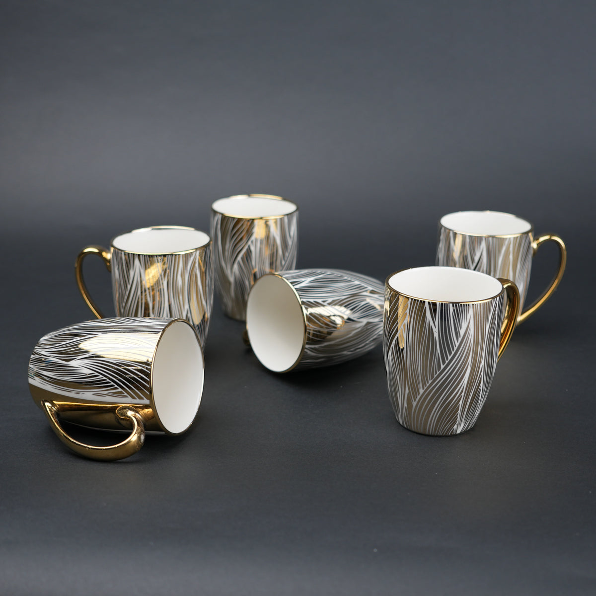 Ceramic mug set of 6 white gold with patterned design and gold handle modern coffee mugs set