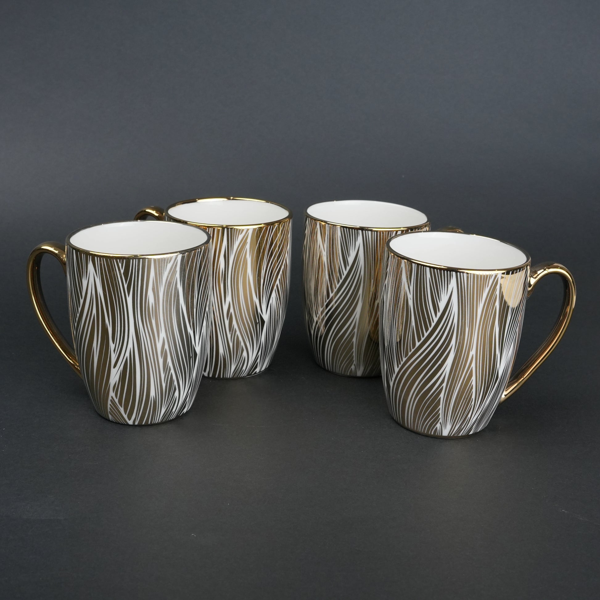 Ceramic mug set of 6 white gold with patterned design and gold handle modern coffee mugs set