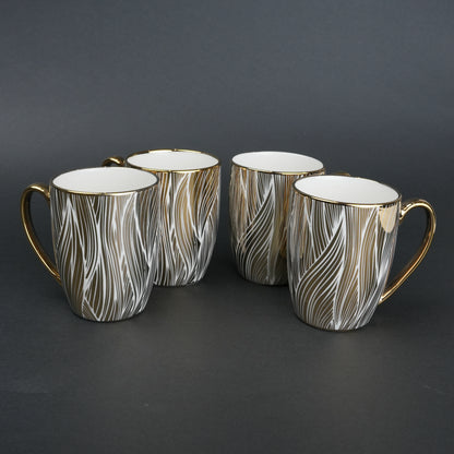 Ceramic mug set of 6 white gold with patterned design and gold handle modern coffee mugs set
