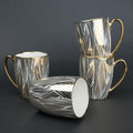 Ceramic mug set of 6 white gold with patterned design and gold handle modern coffee mugs set