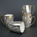 Ceramic mug set of 6 white gold with patterned design and gold handle modern coffee mugs set