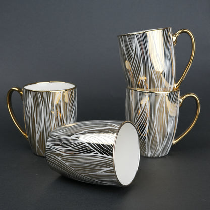 Ceramic mug set of 6 white gold with patterned design and gold handle modern coffee mugs set
