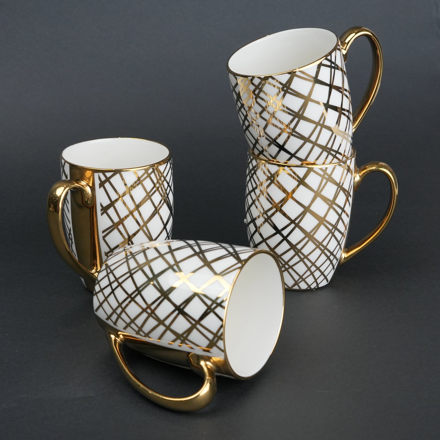 Ceramic mug set of 6 white gold with patterned design and gold handle modern coffee mugs set