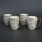 Ceramic mug set of 6 white gold with patterned design and gold handle modern coffee mugs set