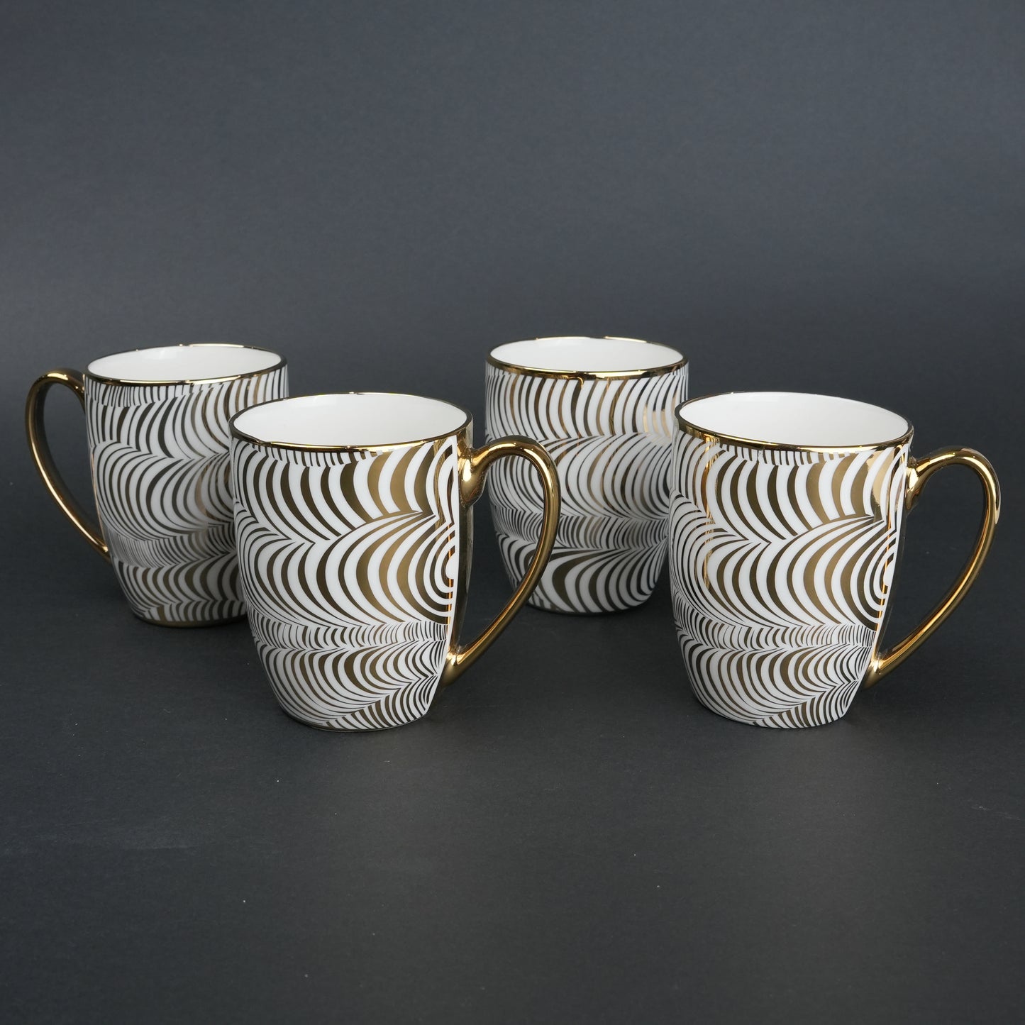 Ceramic mug set of 6 white gold with patterned design and gold handle modern coffee mugs set