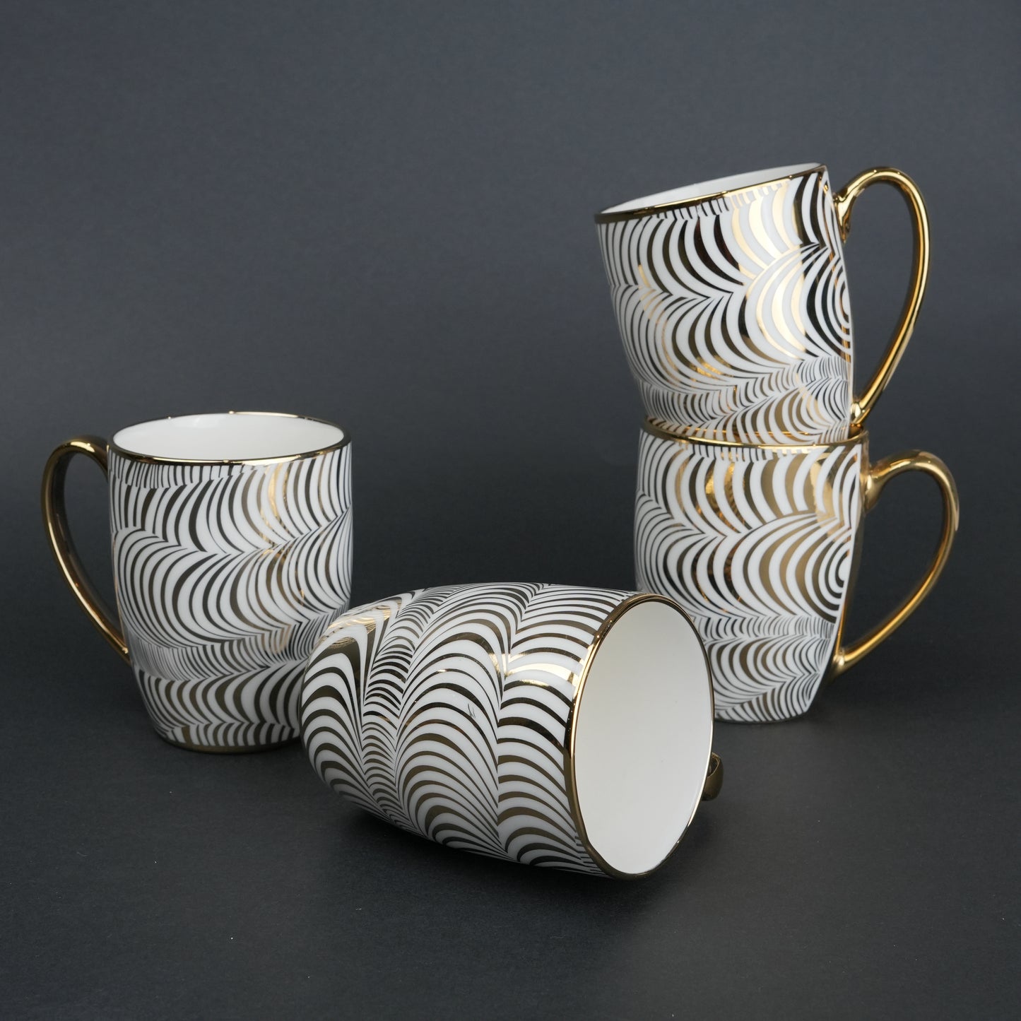 Ceramic mug set of 6 white gold with patterned design and gold handle modern coffee mugs set