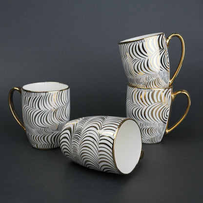 Ceramic mug set of 6 white gold with patterned design and gold handle modern coffee mugs set