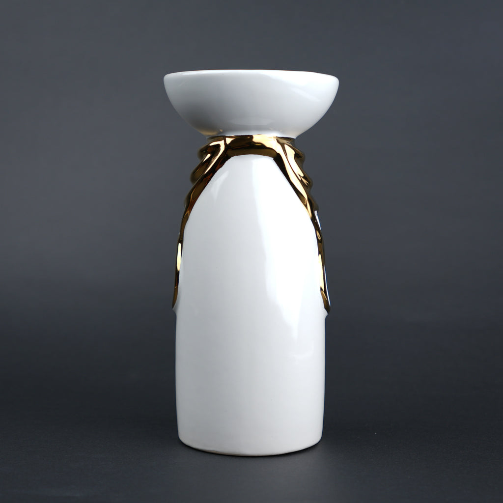 White ceramic candle holder with gold accent modern tealight holder for home decor styling