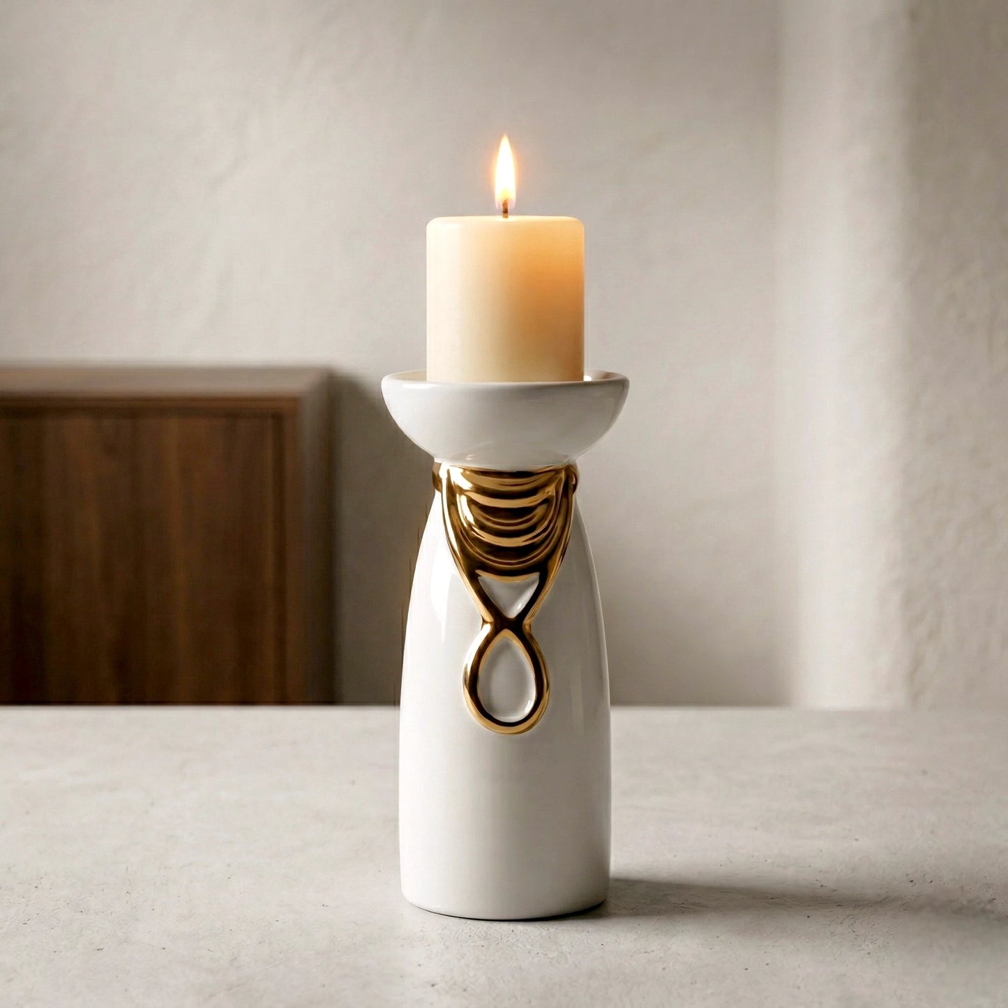 Aura Candle Holder ceramic base with gold accent design