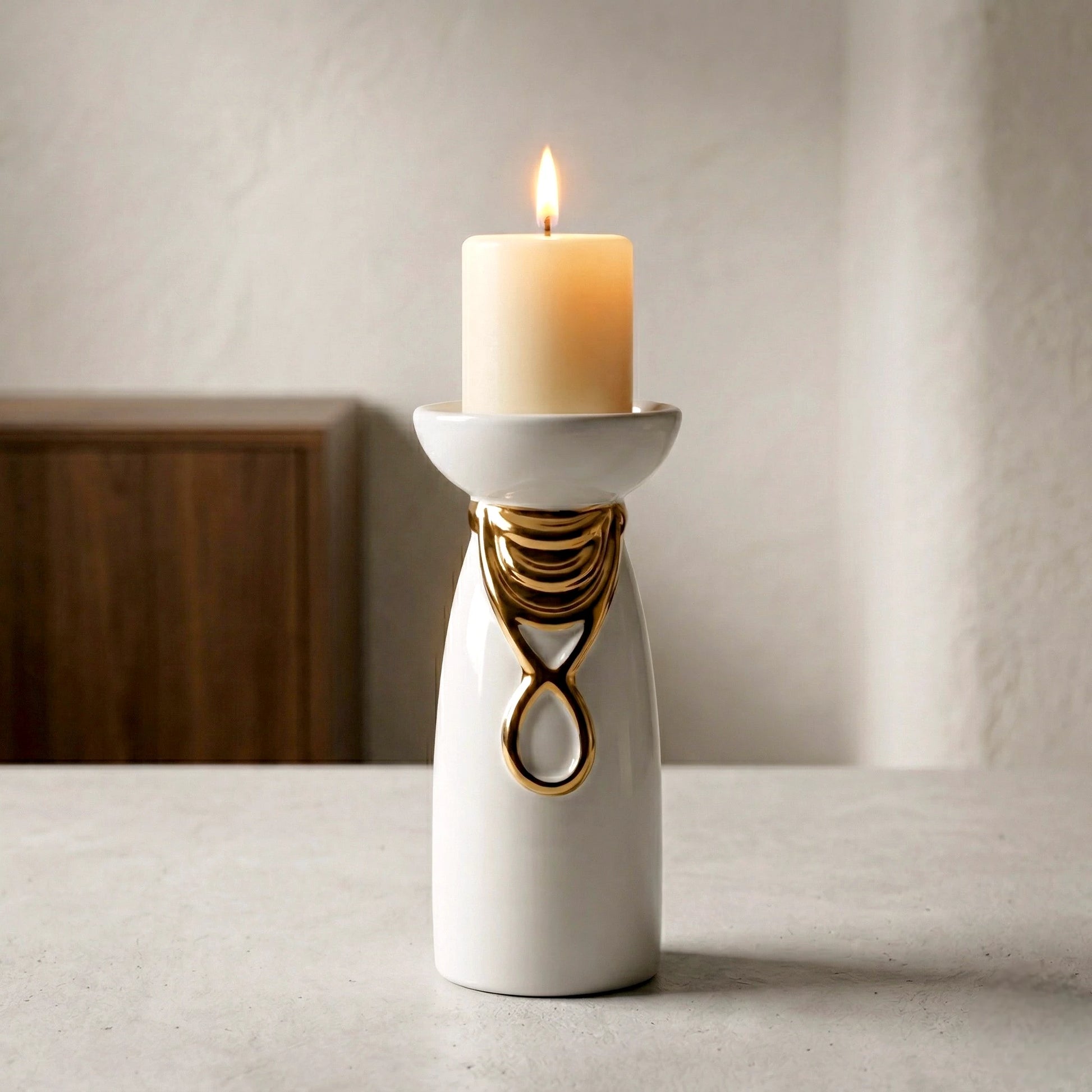 Aura Candle Holder ceramic base with gold accent design