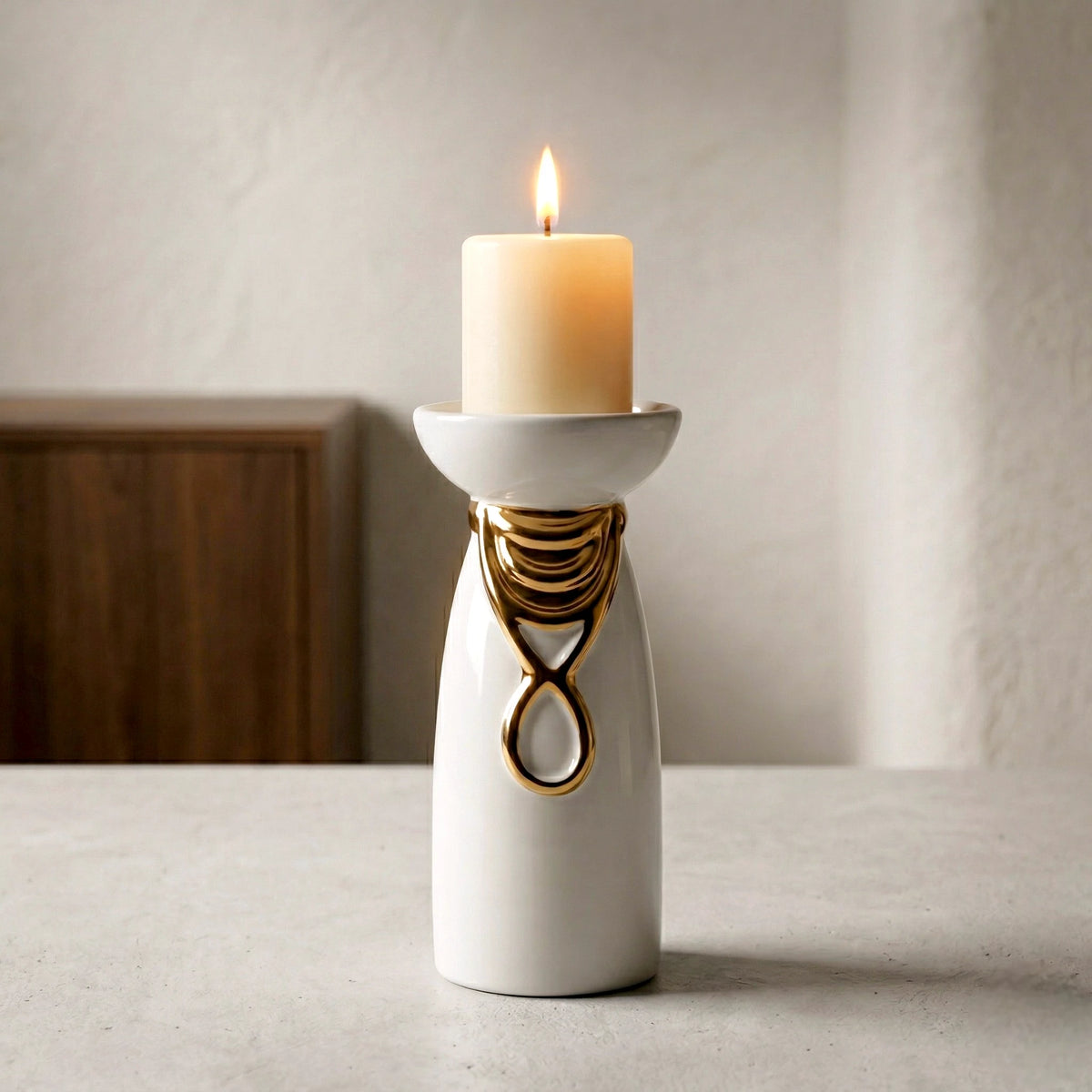 Aura Candle Holder ceramic base with gold accent design