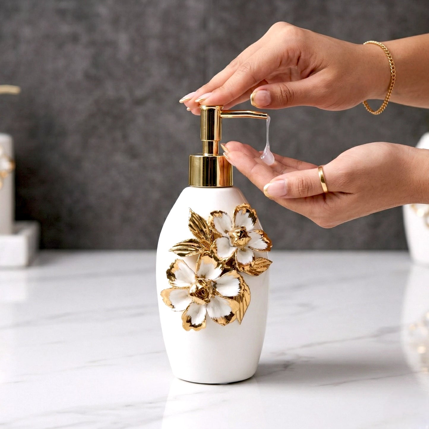 Ivory Bloom Dispenser ceramic soap dispenser with floral design