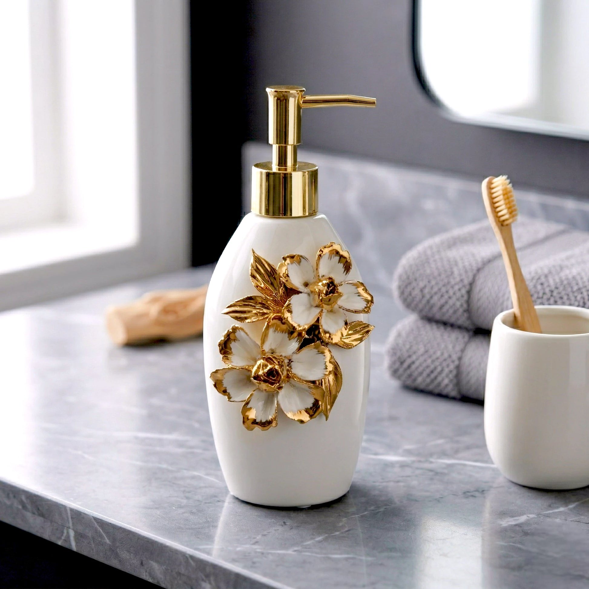 Ivory Bloom Dispenser side view ceramic dispenser with pump