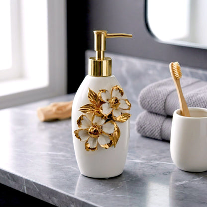 Ivory Bloom Dispenser side view ceramic dispenser with pump
