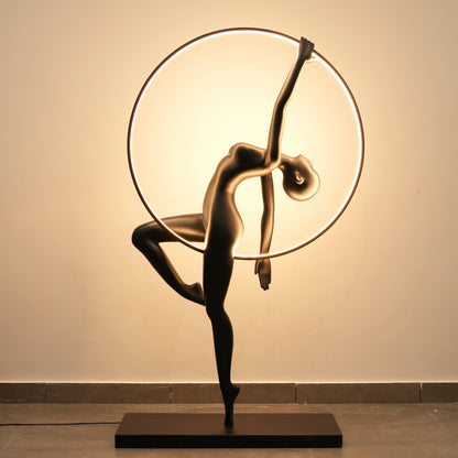 Matte black human form floor lamp with LED halo ring modern luxury ambient lighting decor