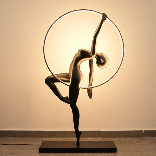 Matte black human form floor lamp with LED halo ring modern luxury ambient lighting decor