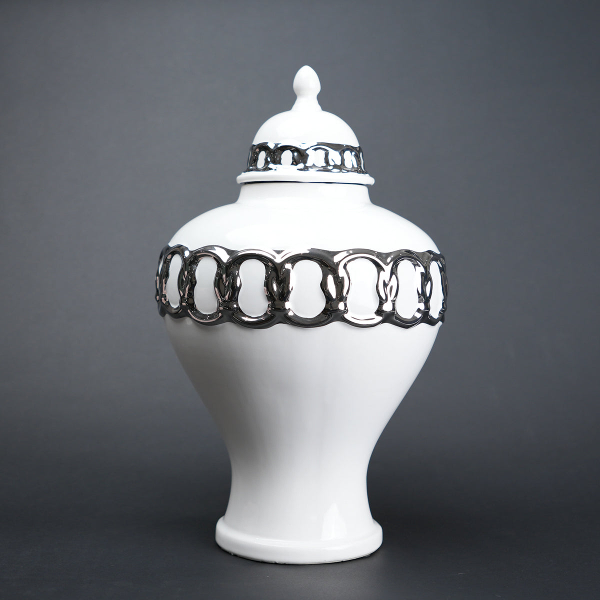 White ceramic jar vase with chrome detailing modern decor object flower vase and storage container