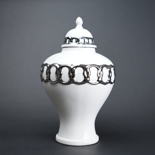 White ceramic jar vase with chrome detailing modern decor object flower vase and storage container