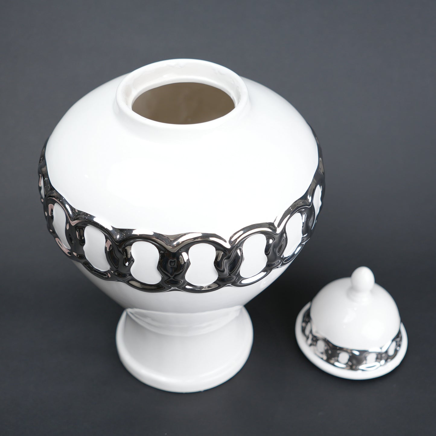 White ceramic jar vase with chrome detailing modern decor object flower vase and storage container