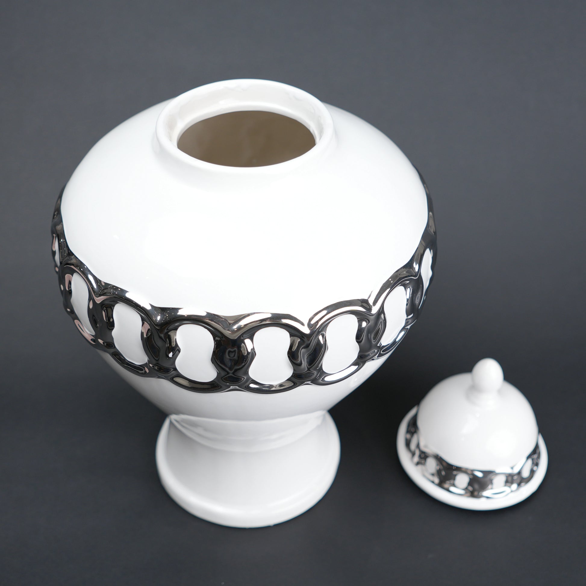 White ceramic jar vase with chrome detailing modern decor object flower vase and storage container