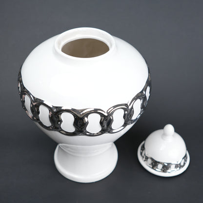 White ceramic jar vase with chrome detailing modern decor object flower vase and storage container