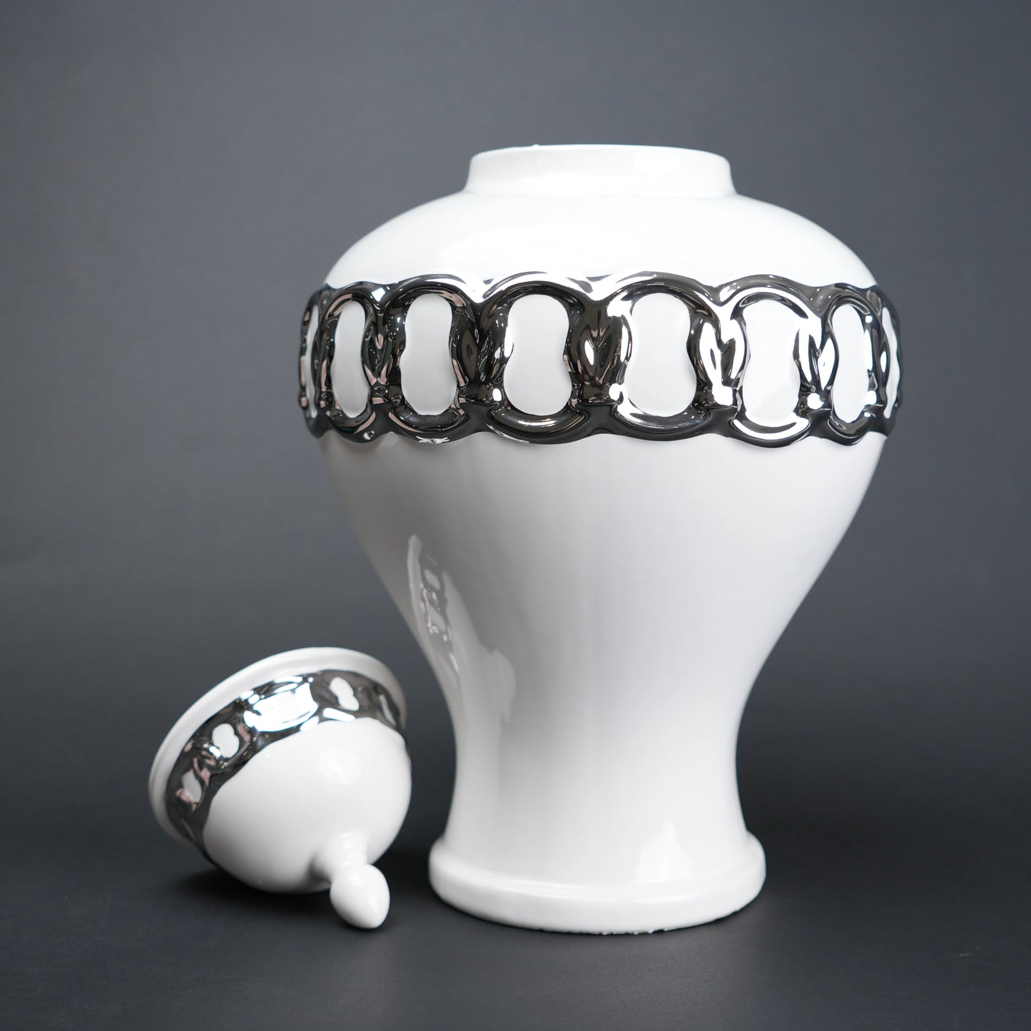 White ceramic jar vase with chrome detailing modern decor object flower vase and storage container