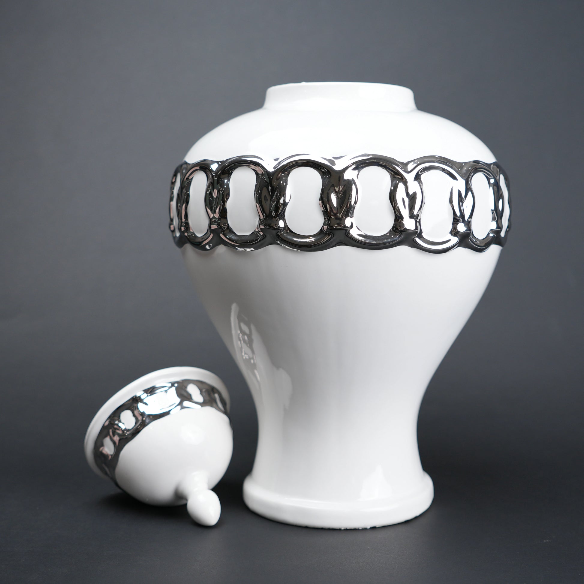 White ceramic jar vase with chrome detailing modern decor object flower vase and storage container