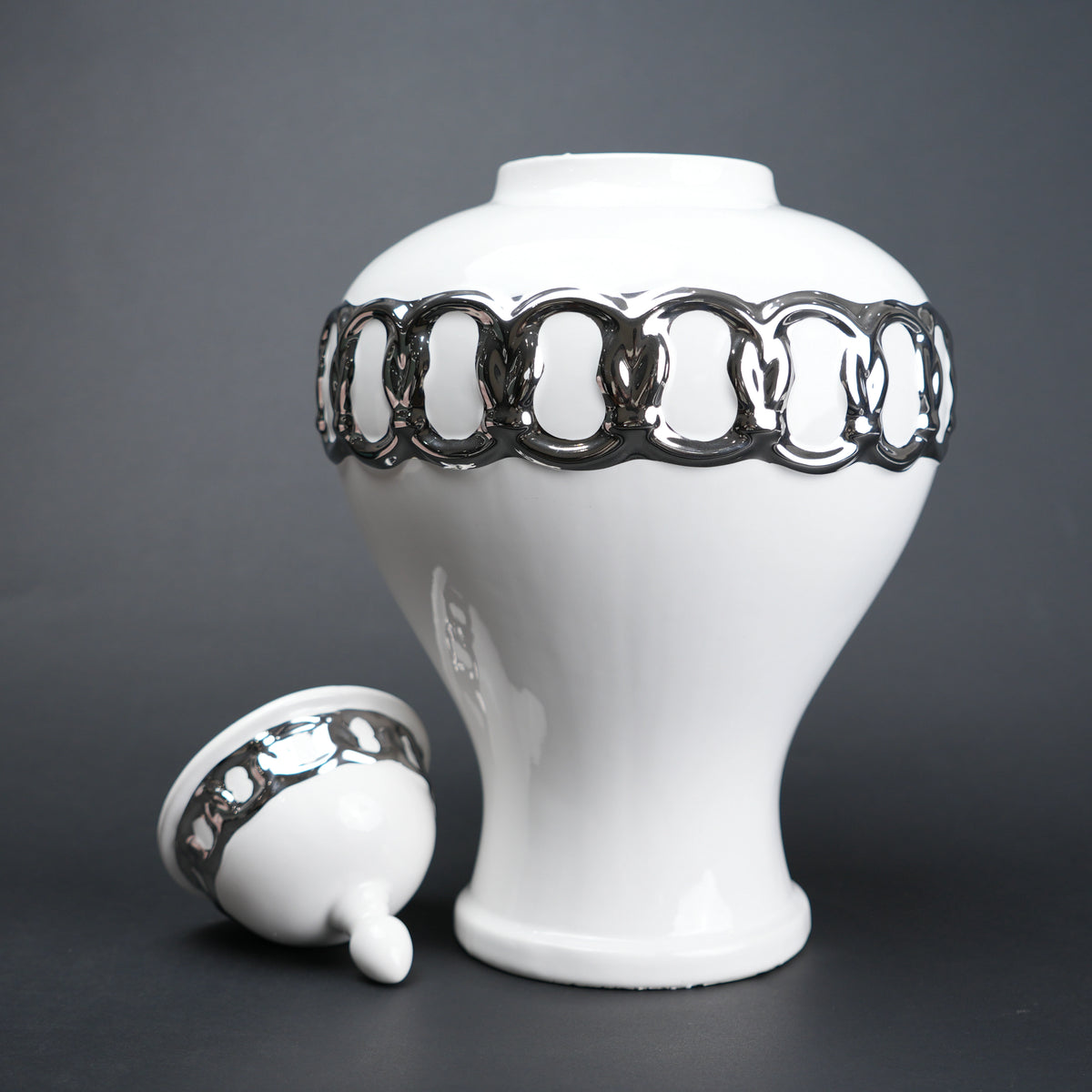 White ceramic jar vase with chrome detailing modern decor object flower vase and storage container