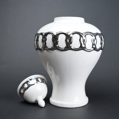 White ceramic jar vase with chrome detailing modern decor object flower vase and storage container