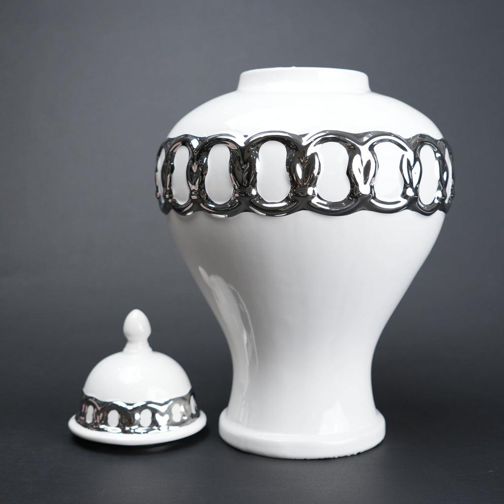 White ceramic jar vase with chrome detailing modern decor object flower vase and storage container