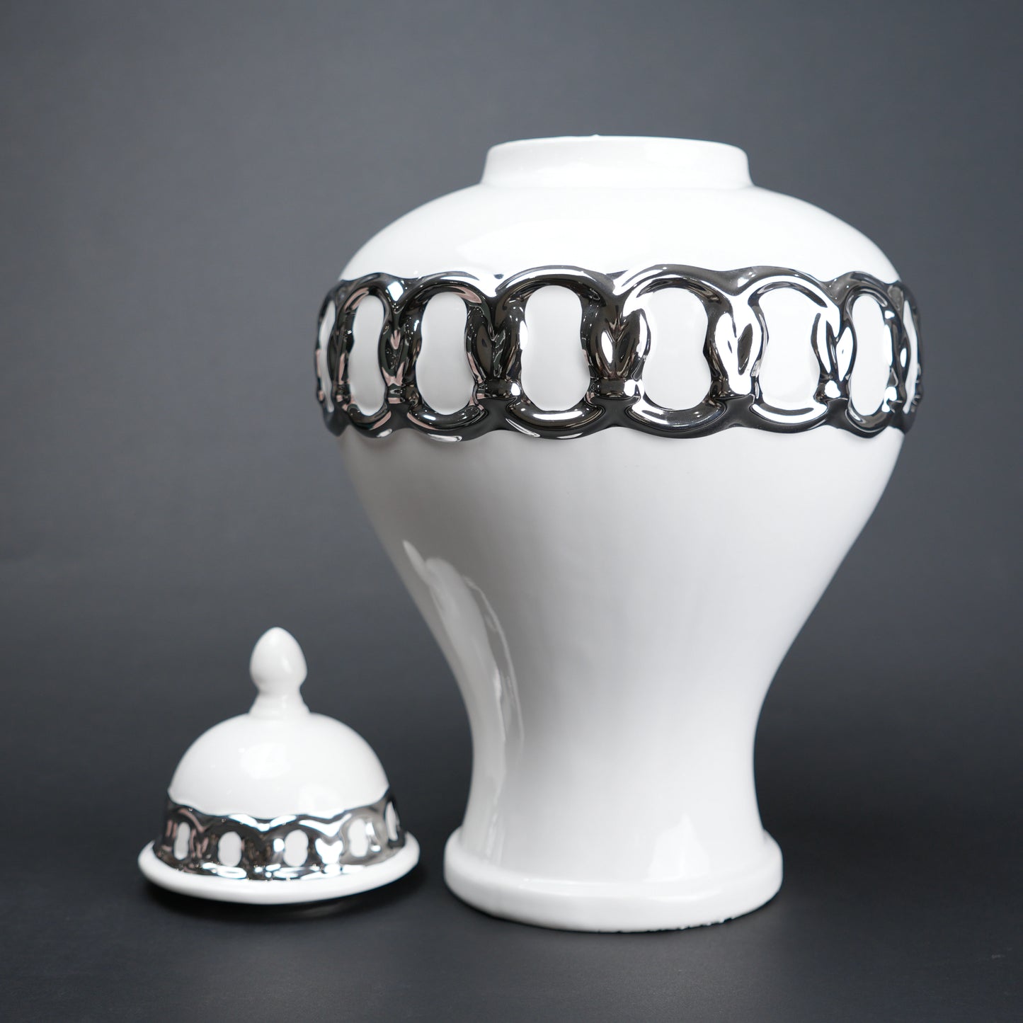 White ceramic jar vase with chrome detailing modern decor object flower vase and storage container