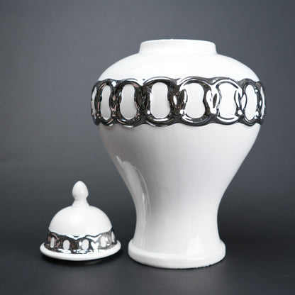 White ceramic jar vase with chrome detailing modern decor object flower vase and storage container