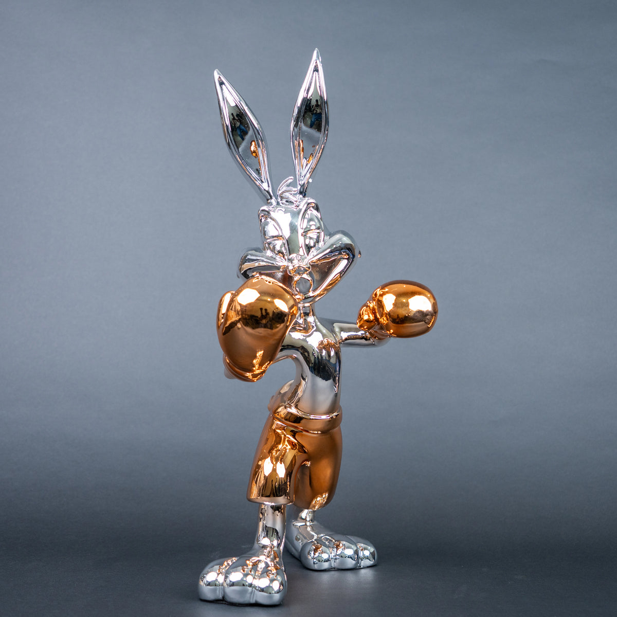 Chrome silver and gold bunny boxer decor figurine luxury collectible for modern home and office