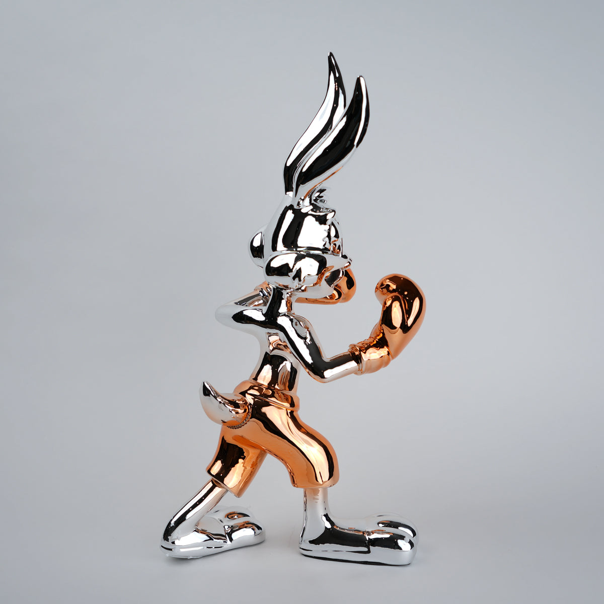 Chrome silver and gold bunny boxer decor figurine luxury collectible for modern home and office