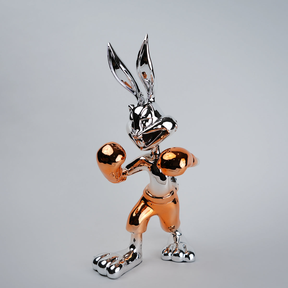 Chrome silver and gold bunny boxer decor figurine luxury collectible for modern home and office