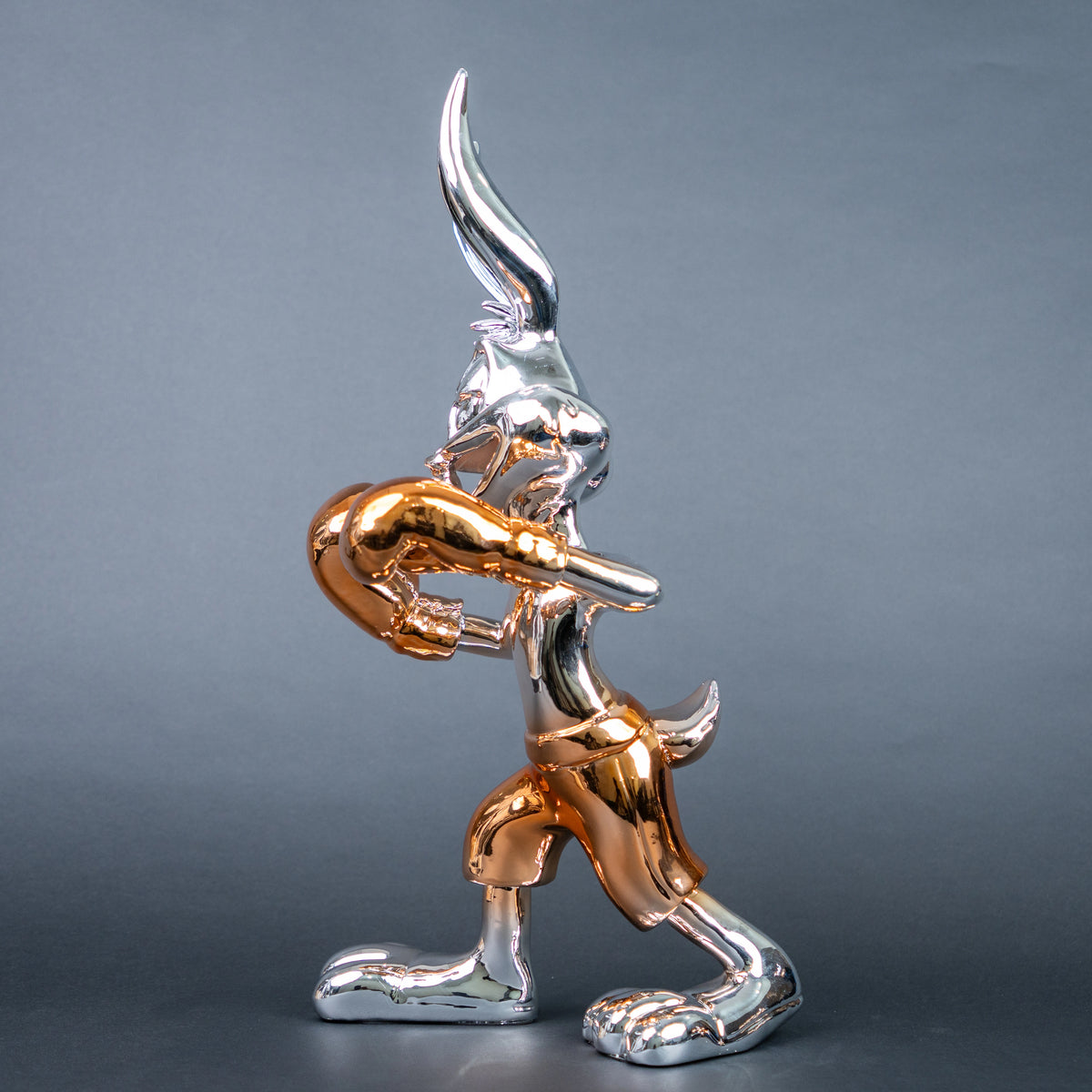 Chrome silver and gold bunny boxer decor figurine luxury collectible for modern home and office
