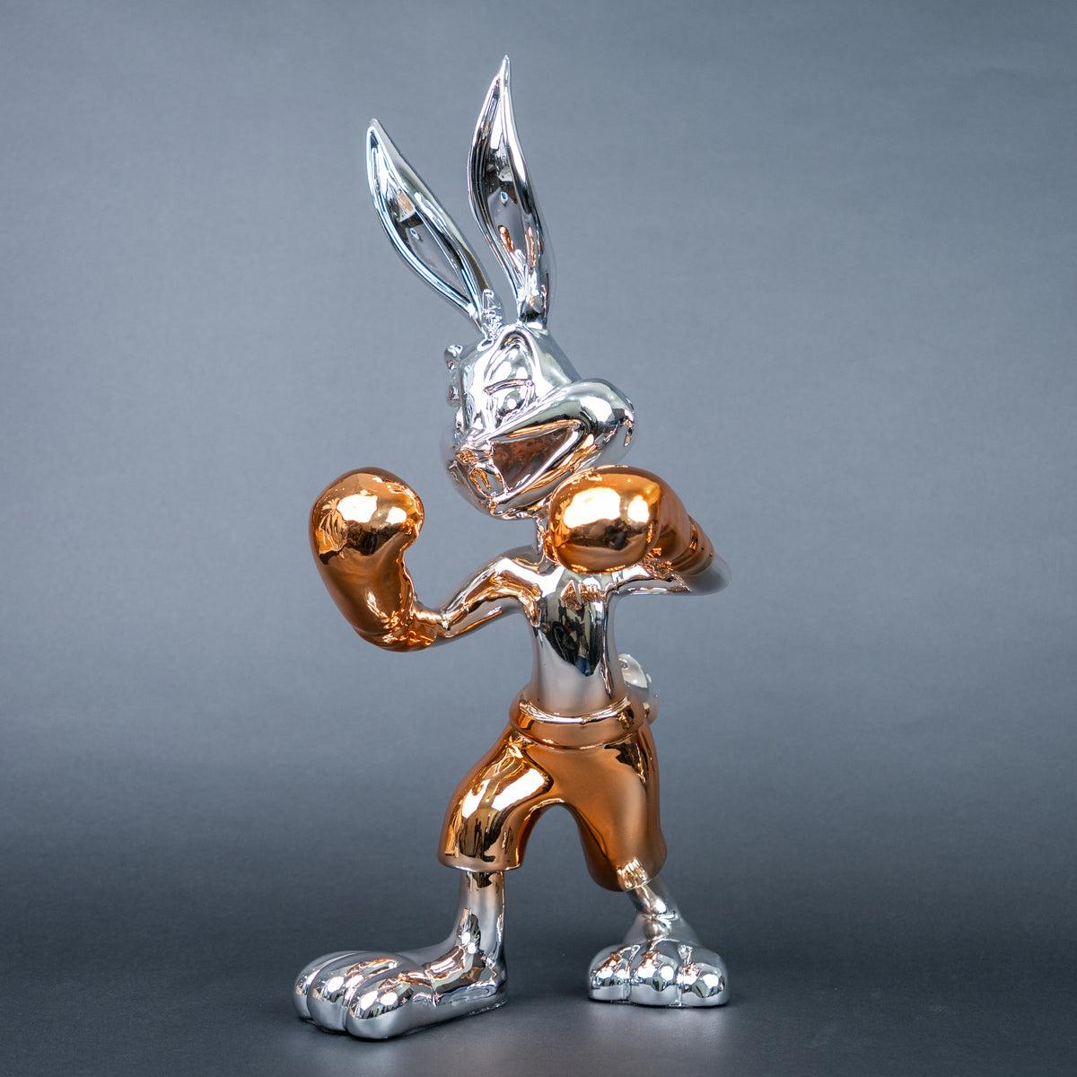 Chrome silver and gold bunny boxer decor figurine luxury collectible for modern home and office