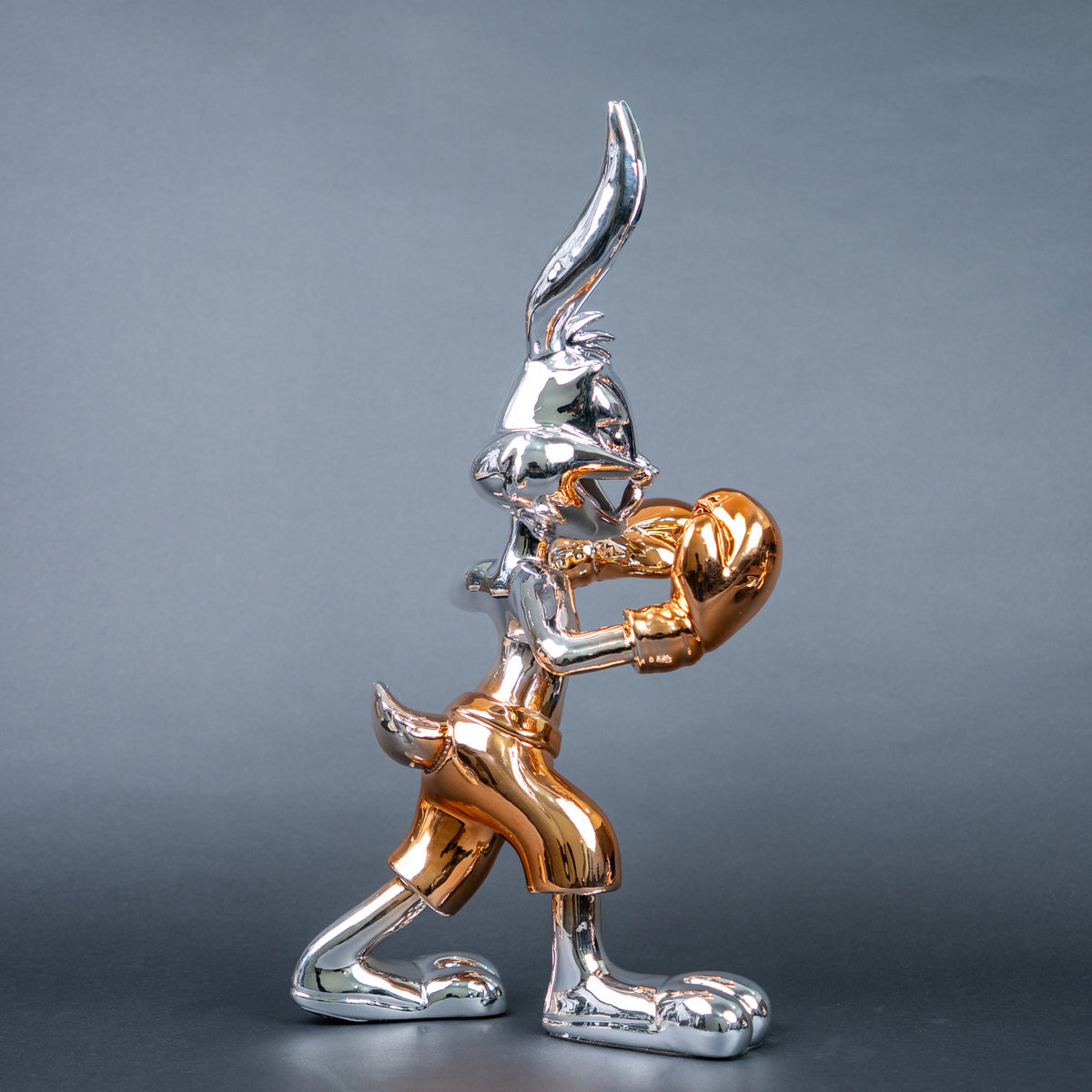 Chrome silver and gold bunny boxer decor figurine luxury collectible for modern home and office 