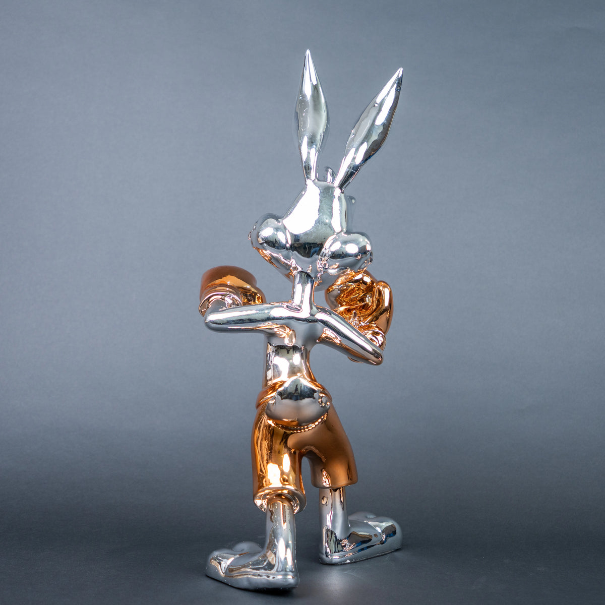 Chrome silver and gold bunny boxer decor figurine luxury collectible for modern home and office 