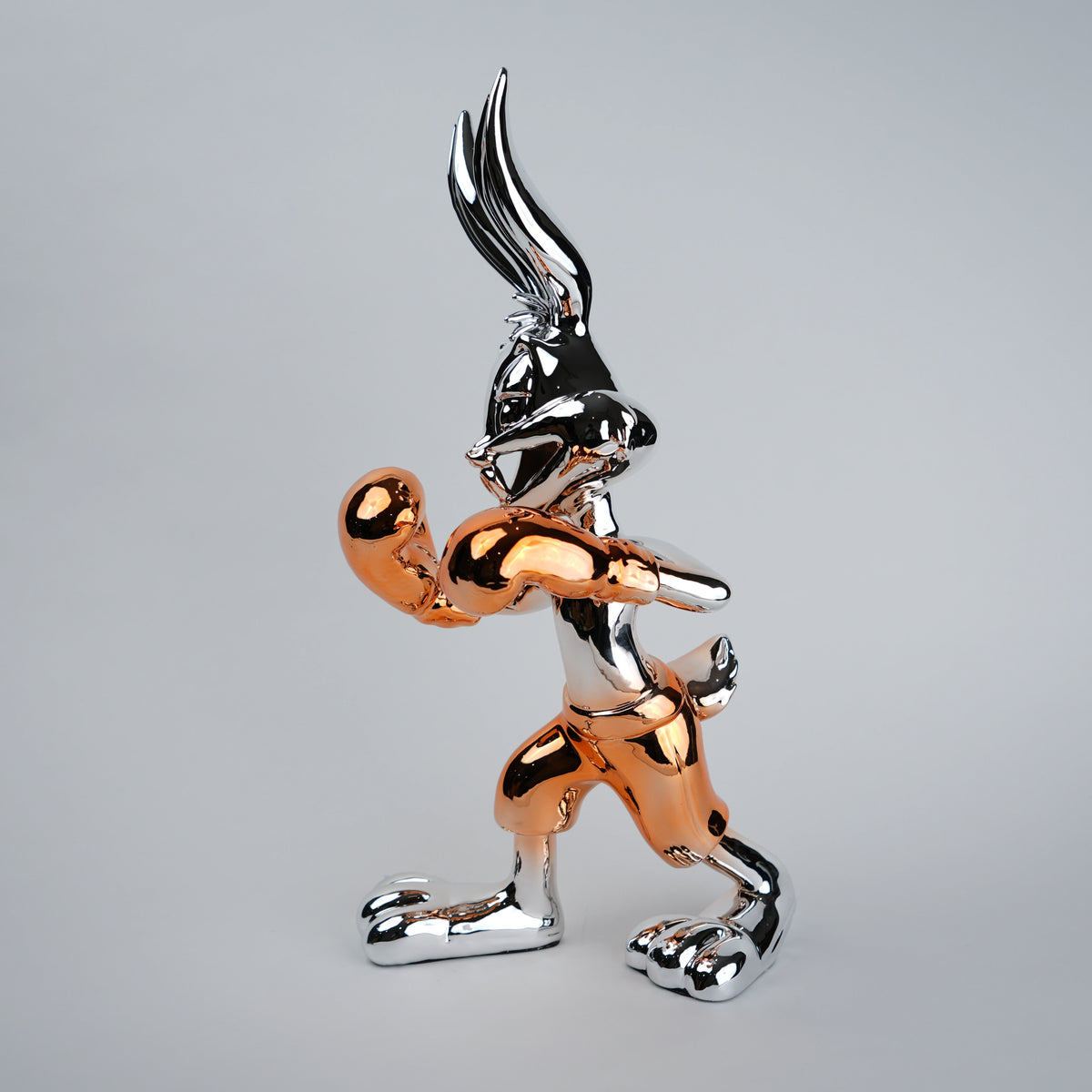 Chrome silver and gold bunny boxer decor figurine luxury collectible for modern home and office