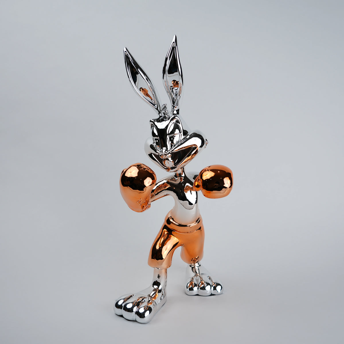 Chrome silver and gold bunny boxer decor figurine luxury collectible for modern home and office