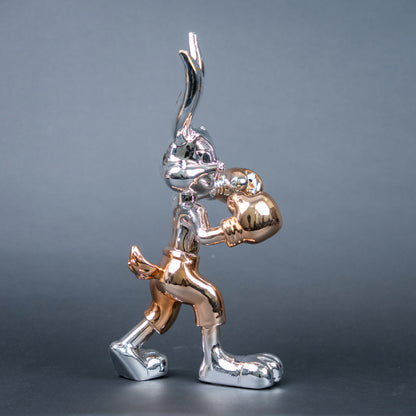 Chrome silver and gold bunny boxer decor figurine luxury collectible for modern home and office