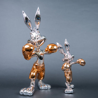 Chrome silver and gold bunny boxer decor figurine luxury collectible for modern home and office 