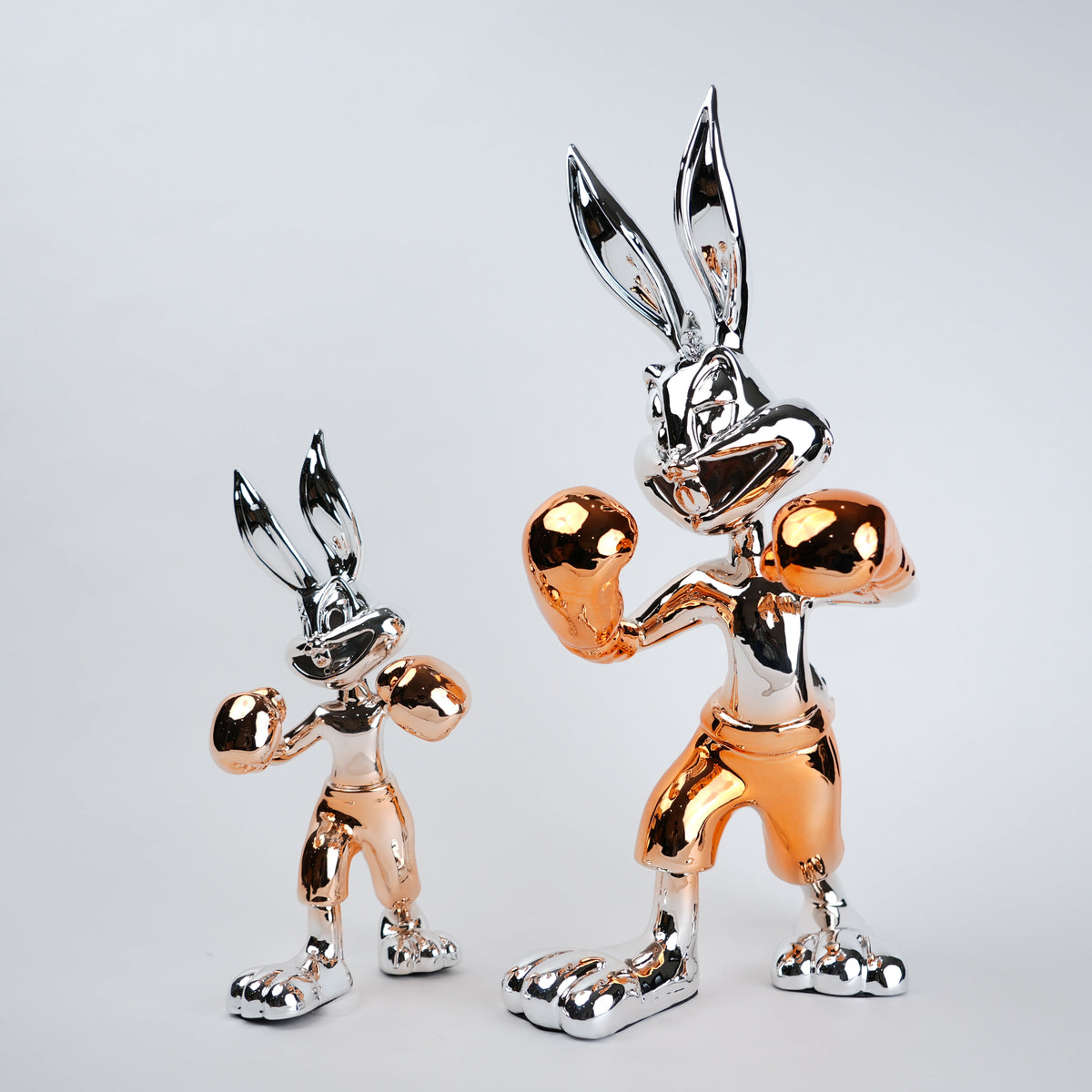 Chrome silver and gold bunny boxer decor figurine luxury collectible for modern home and office